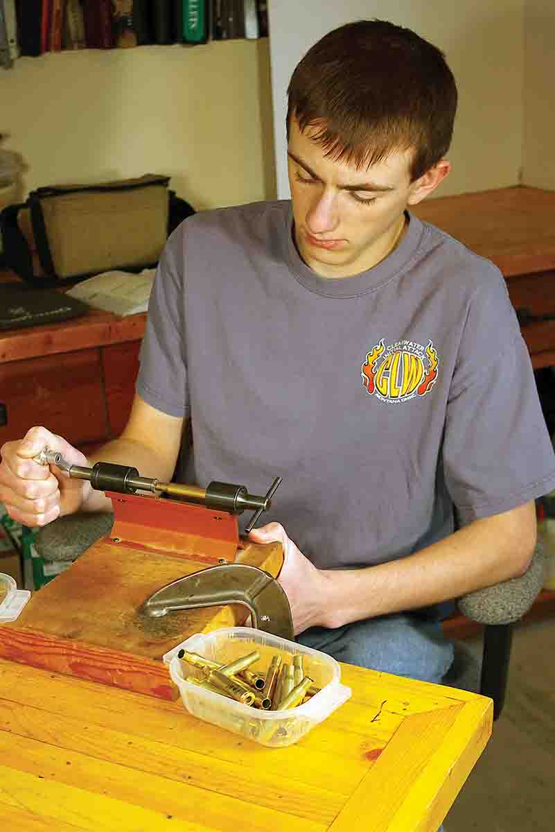 Rifle cases usually require trimming after sizing. This Forester manual trimmer trims cases to an exact length.